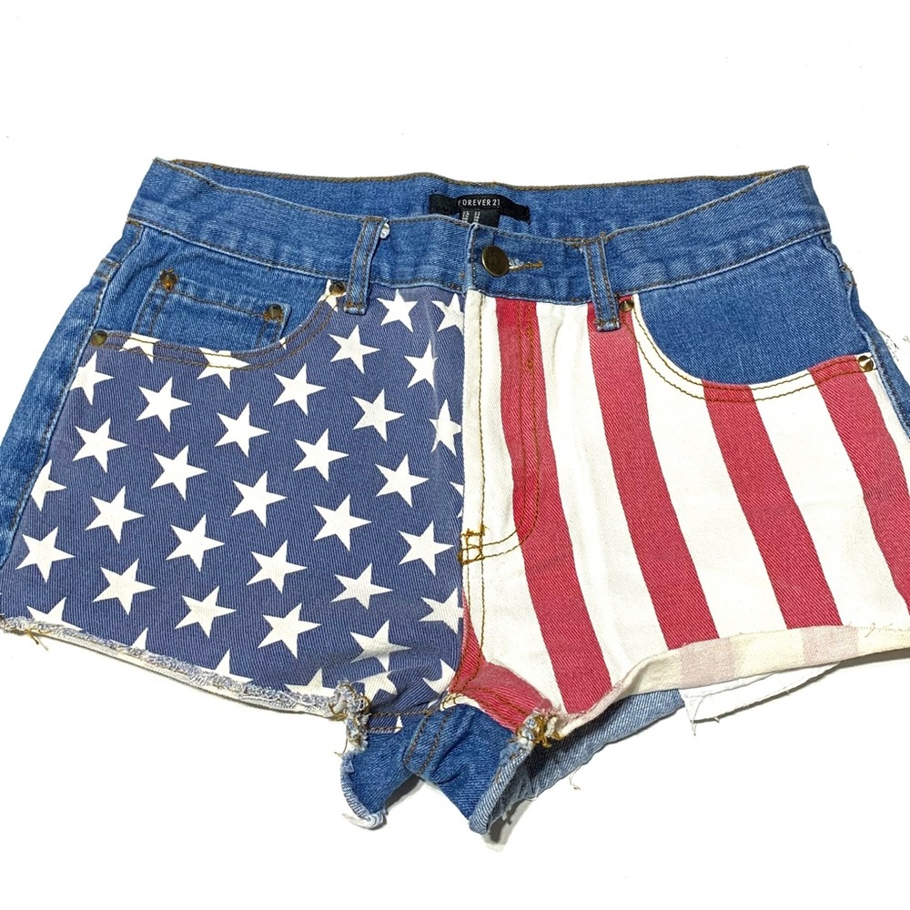NWOT Forever 21 Blue Distressed Hemline America Flag Jean Short Size 27